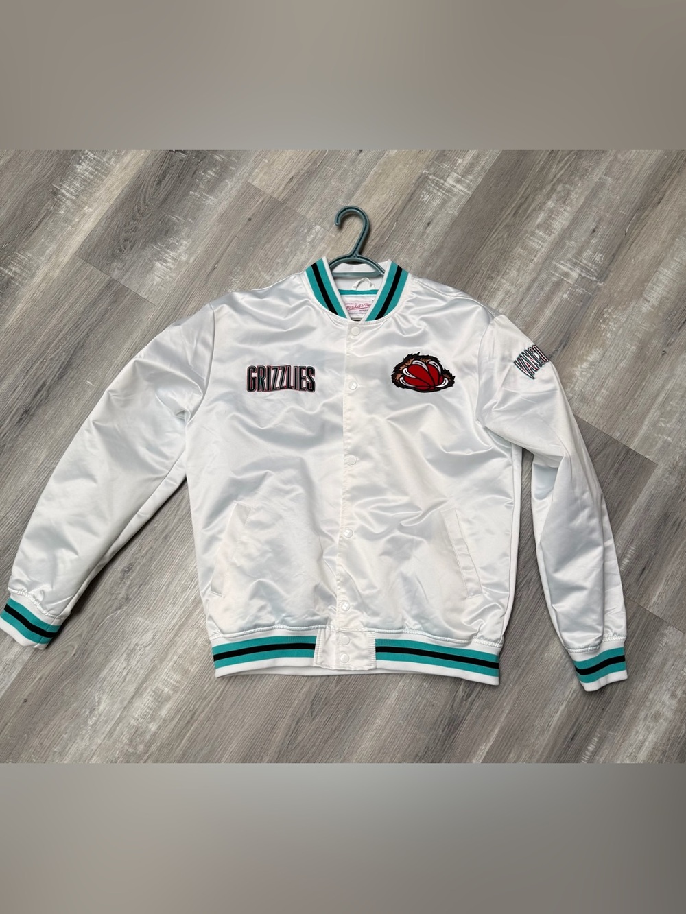 Mitchell & Ness White Grizzlies Satin Bomber with Teal Trim